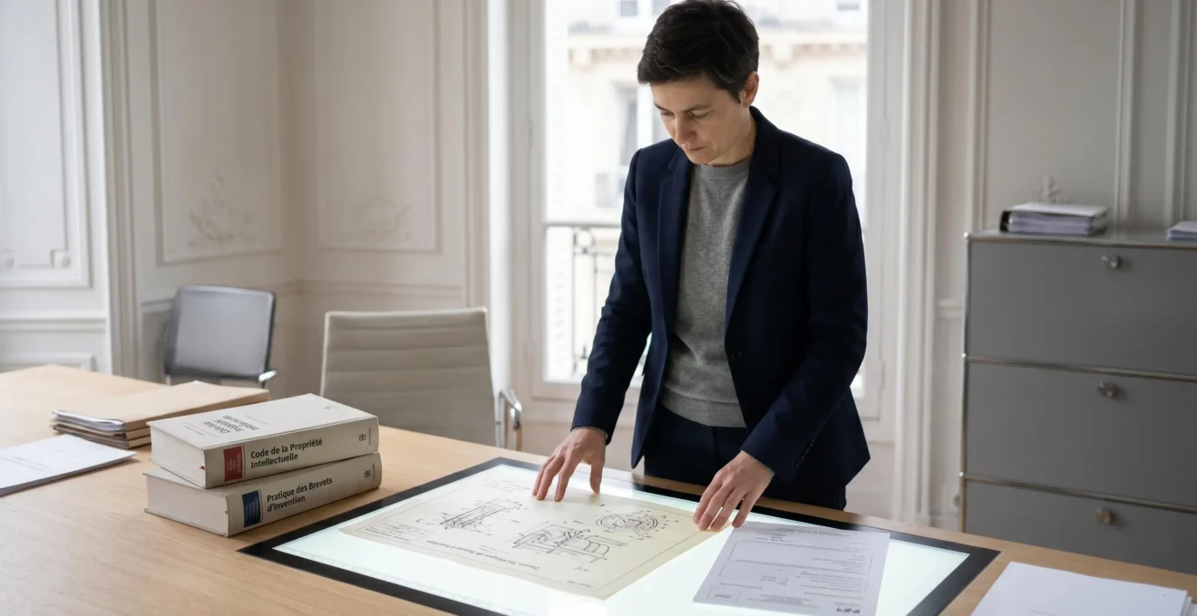 Conseil en propriété industrielle examinant des dessins de brevet sur table lumineuse dans un bureau haussmannien moderne à Paris, avec formulaires INPI et livres juridiques visibles.