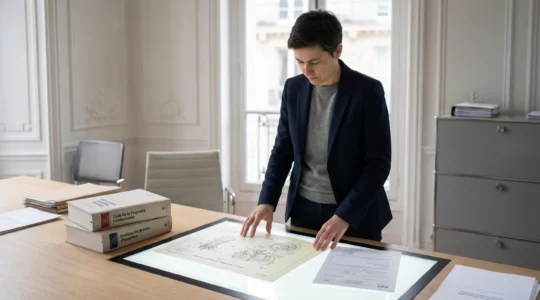 Conseil en propriété industrielle examinant des dessins de brevet sur table lumineuse dans un bureau haussmannien moderne à Paris, avec formulaires INPI et livres juridiques visibles.