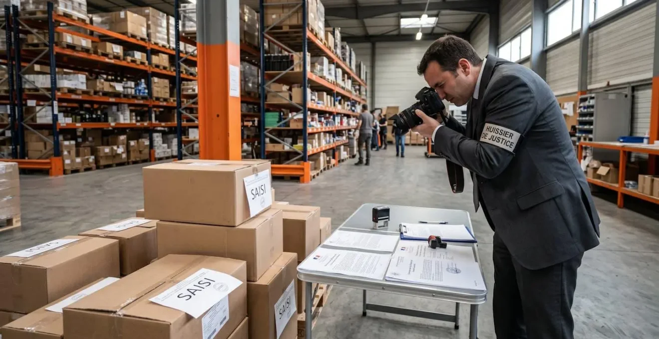 Huissier de justice procédant à une saisie-contrefaçon dans un entrepôt, photographiant des produits avec étiquettes d'identification judiciaire.