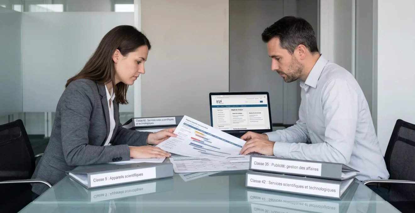 Deux professionnels collaborant sur un planning de dépôt de marques avec classeurs de classification de Nice et ordinateur portable dans un bureau moderne.